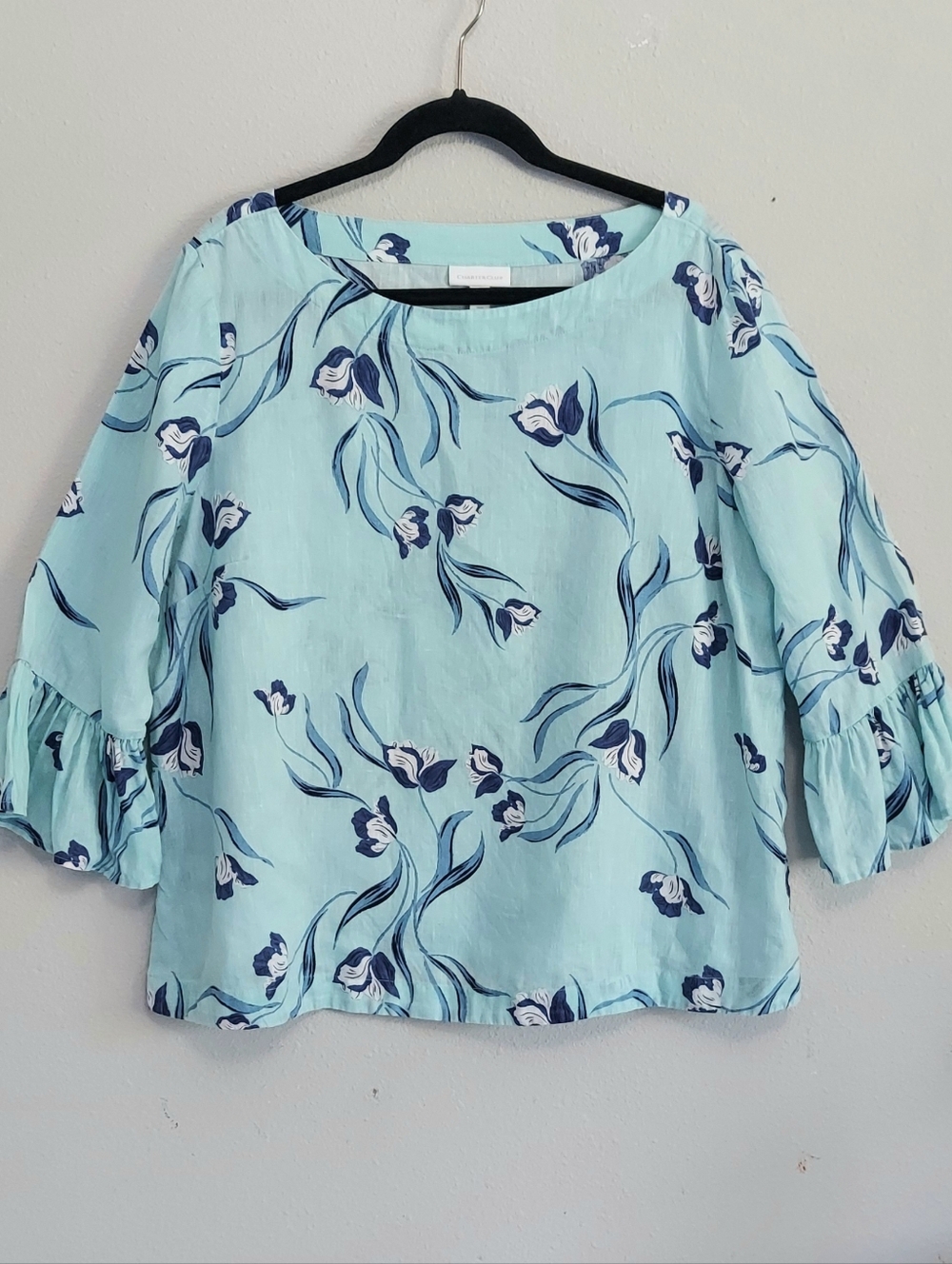 Charter Club 100% Linen Blue Floral Tunic Blouse 3/4 Ruffle Bell Sleeve XL